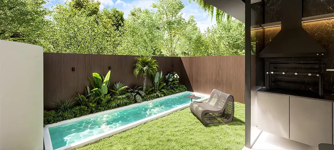 Jardim com piscina privativa e área gourmet