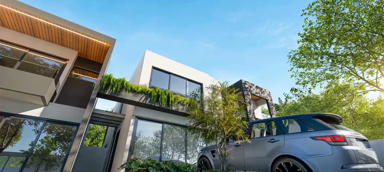 Fachada das casas do Praia Linda Residencial — arquitetura contemporânea com jardim
